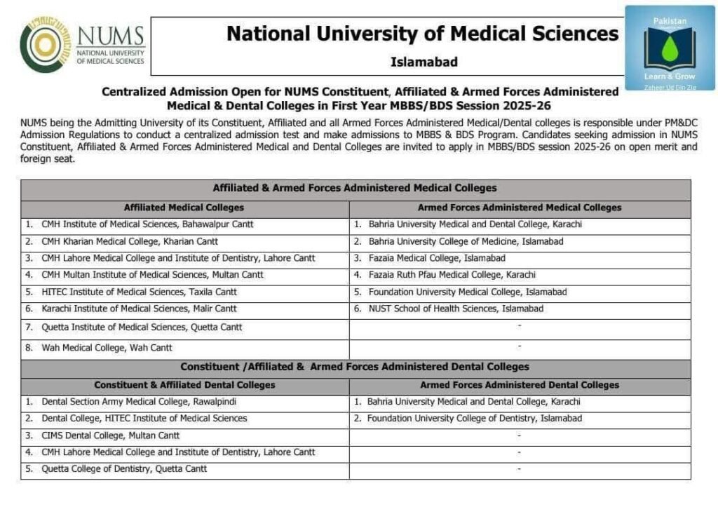NUMS Announced MBBS/BDS Centralized Admissions in Constituent, Affiliated & Armed Forces Administered Medical & Dental Colleges in First Year MBBS/BDS Session 2025-26