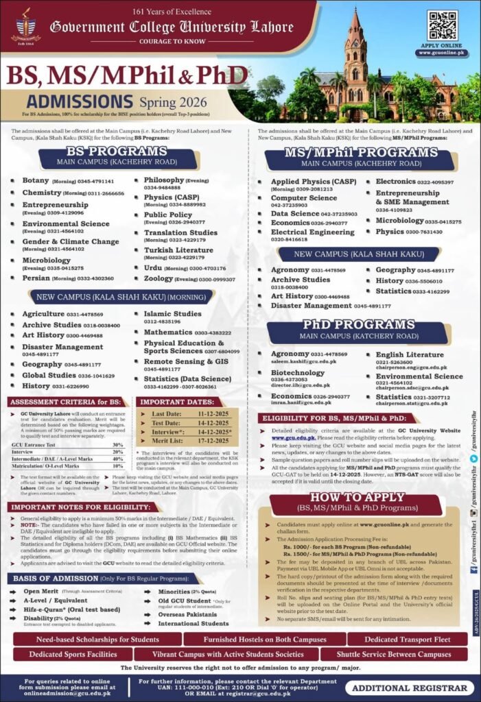 GCU Lahore Admissions Spring 2026