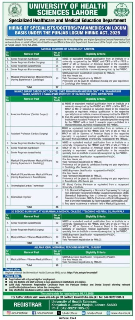 Hiring of Specialists & Paramedics on Locum Basis Under the Punjab Locum Hiring Act 2025 – UHS Lahore Jobs