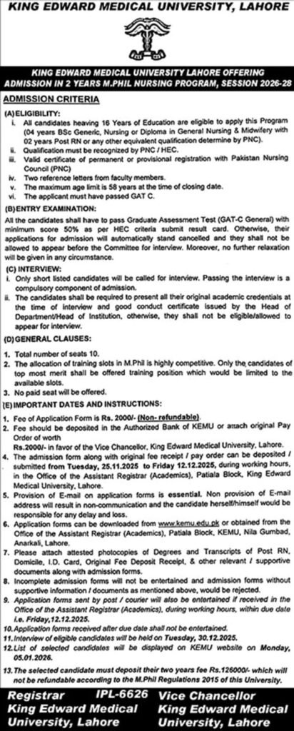 “MPhil Nursing Admission 2026–28 complete admission details and requirements.”