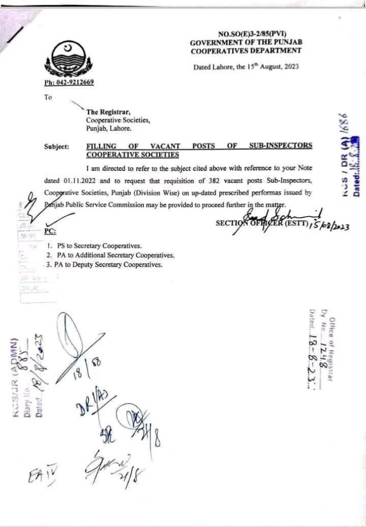 PPSC Upcoming Seats Sub Inspector Cooperative Societies – 382 Vacancies Announced