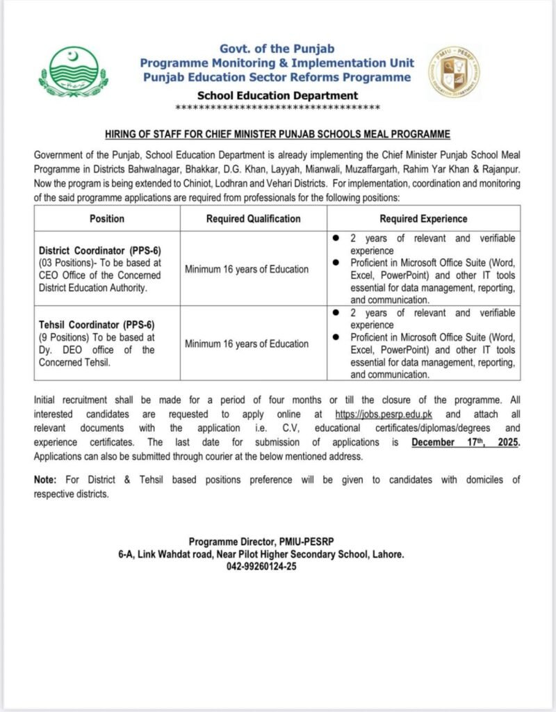 Team managing school meals - CM Punjab School Meal Programme Jobs 2025